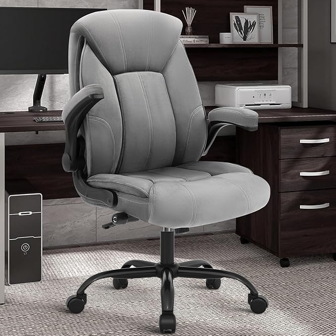 YAMASORO Executive Office Chair,Big and Tall Ergonomic Desk Chair with Adjustable Lumbar Support, Comfortable Computer Chair wih Flip-up Arms and Wheels, Gray