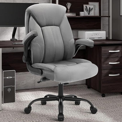 YAMASORO Executive Office Chair,Big and Tall Ergonomic Desk Chair with Adjustable Lumbar Support, Comfortable Computer Chair wih Flip-up Arms and Wheels, Gray