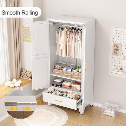 winiowa Metal Armoire Wardrobe Closet with Drawer, 71" Wardrobe Cabinet with Adjustable Shelves and Hanging Rod, Clothing Storage Cabinet Closet for Bedroom-White