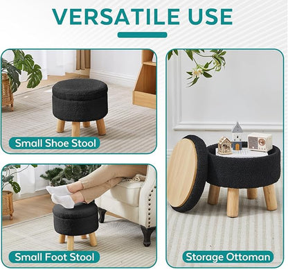 Small Foot Stool Ottoman with Storage, Sherpa Ottoman Foot Rest for Couch, Round Footstool with Storage, Small Ottomans and Footstools for Living Room and Entryway (Black)