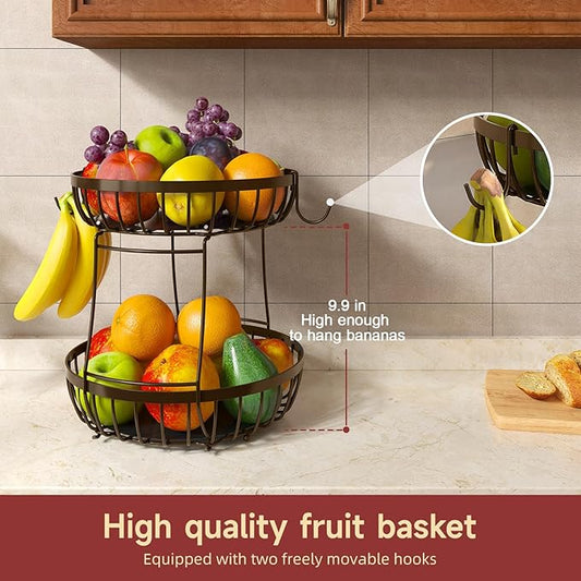 Sevenblue 2 Tier Fruit Basket for Kitchen Counter with 2 Banana Hangers, 2026 Pro Detachable Metal Fruit Bowl with Wooden Handle,Fruit Holder for Bread Snack Veggies, Brown Extra Large