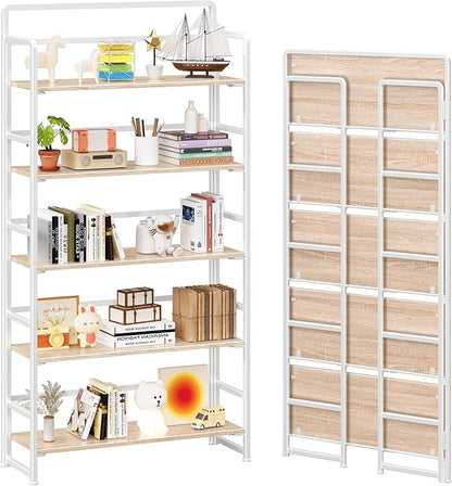 4NM No Assembly Extra Wide 5 Tiers Folding Bookshelf Storage Shelves Vintage Bookcase Standing Racks Study Organizer Home Office (Natural White)