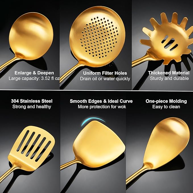 Gold Kitchen Utensils Set with Wooden Handle, 6 PCS Professional 18/10 Stainless Steel Cooking Utensils Set, Wok Spatula, Ladle, Skimmer, Slotted Spatula Turner, Spaghetti Spoon, Large Spoon