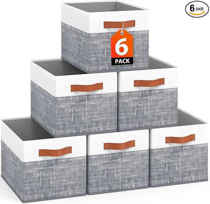 Fab totes Collapsible Storage Baskets for Shelves,14"x10", 6 Pack Foldable Fabric Storage Bins with Double Leather Handles, Large Baskets for Organizing Books, Clothes, White & Grey