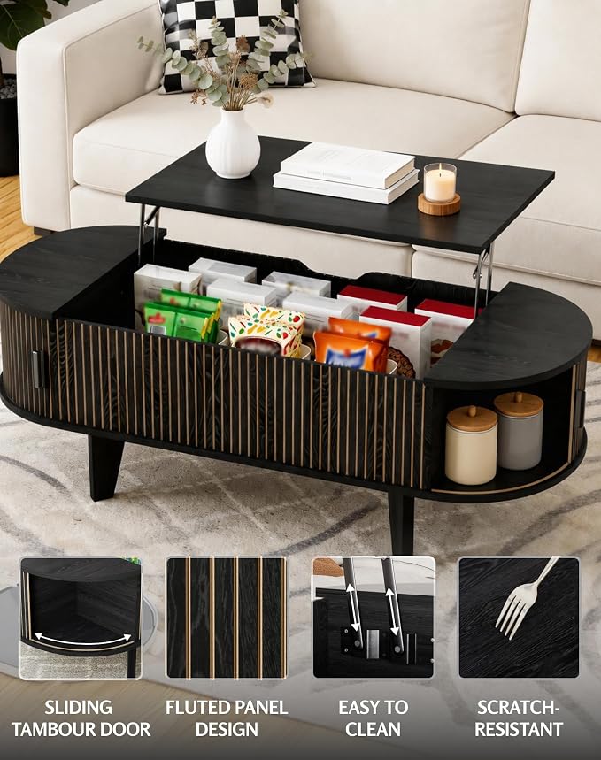 Oval Coffee Table with Storage, 47.2" Fluted Lift Top Coffee Table with 180° Sliding Tambour Door, Mid Century Modern Center Table for Living Room, Office, Cafe, Black