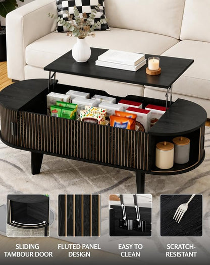 Oval Coffee Table with Storage, 47.2" Fluted Lift Top Coffee Table with 180° Sliding Tambour Door, Mid Century Modern Center Table for Living Room, Office, Cafe, Black