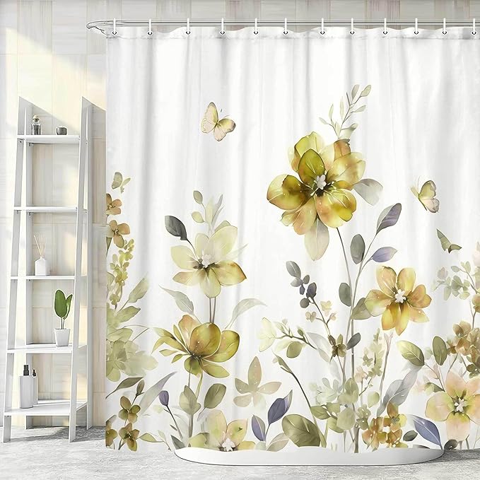 Yellow Floral Shower Curtain, Yellow Lavender Floral Butterfly Boho Shower Curtains for Bathroom, Farmhous Flower Cute Fabric Shower Curtain Set with 12PCS Hooks, 60X70IN