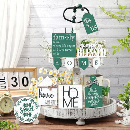 11 Pcs Home Tiered Tray Decor Spring Ustic Farmhouse Tiered Tray Decorations Set Home Wooden Signs Vintage Farm Animal Farmhouse Tabletop Wood Signs for Kitchen Table Shelf Decor