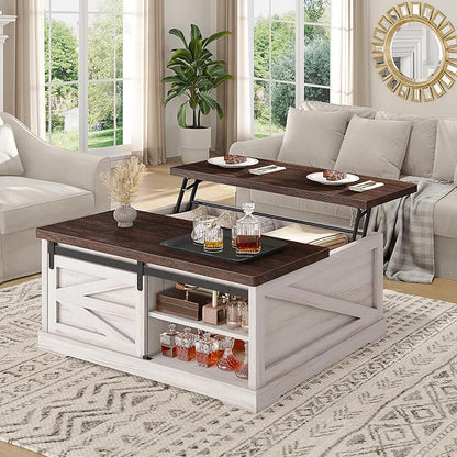Itaar 39.4'' Lift Top Coffee Table with Storage, Farmhouse Coffee Tables for Living Room, Square Coffee Table with Large Hidden Compartment & 2 Drawers & Adjustable Shelves, Vintage White+Walnut