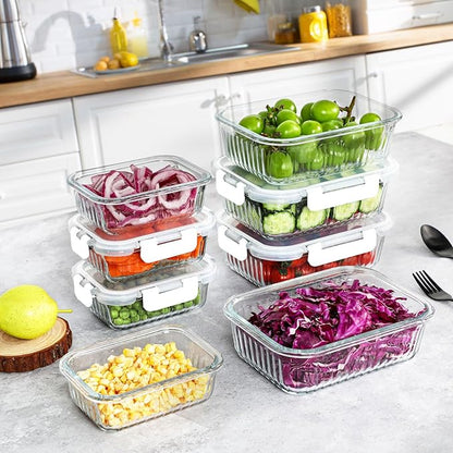 KOMUEE 10 Packs Glass Food Storage Containers Set, Glass Meal Prep Containers with Lids, Airtight Lunch Containers, Microwave, Oven, Freezer and Dishwasher Safe, White