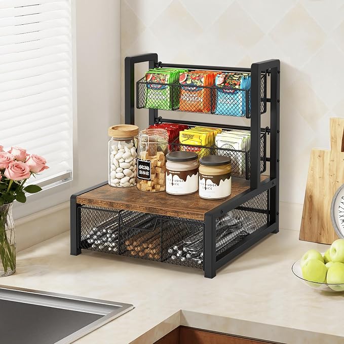 Homode Tea Bag Organizer, 3 Tier Tea Storage Container Box, Wood Tea Station Caddy, Teabag Holder Stand with Drawer Basket, Large Tea Chest Display Rack for Countertop Cabinet Office, Rustic Brown