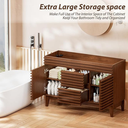 APRILSOUL 48" Bathroom Vanity, Mid-Century Bathroom Vanity Cabinet with 2 Soft Closing Doors, Freestanding Bathroom Cabinet, Particleboard Frame with Wood Grain Laminate, Walnut (Sink Not Included)