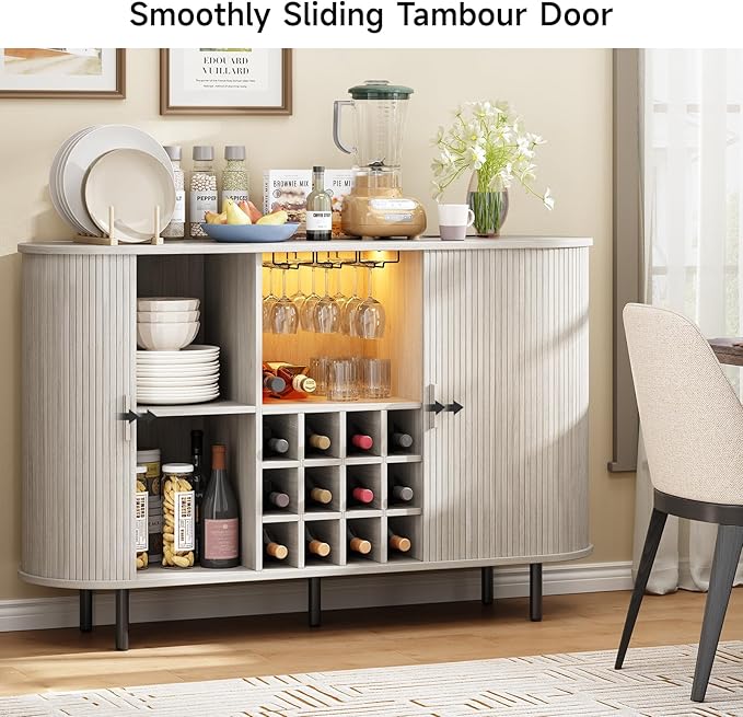 ONBRILL 55" Wine Bar Cabinet with Storage, Fluted Liquor Bar for Home, Coffee Bar Cabinet with Wine Rack and Glass Holder, Buffet Sideboard with LED Lights for Kitchen Living Dining Room Natural White