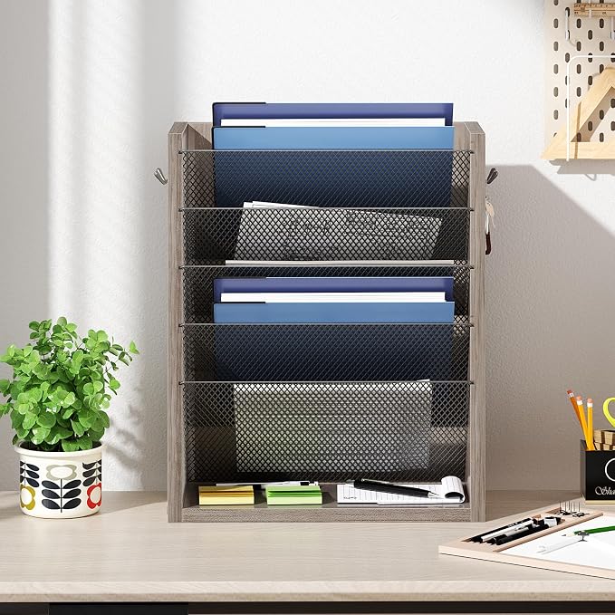 Creso hom Mail Organizer Wall Mounted, 6-Tier Wall File Organizer with 2 Hooks, Wooden Desk Organizer Magazine Holder with Bottom Flat Tray, for Office Home, Greige