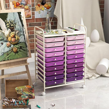 GOFLAME 20-Drawer Rolling Storage Cart, Multifunctional Art Craft Organizer Cart, Mobile Utility Storage Cart with Removable Drawers & Lockable Wheels, Craft Cart for Home Office, Purple Gradient