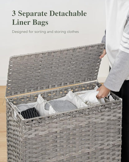 Laundry Hamper with Lid 132 L, (35 Gallons) Clothes Hamper with Lid, Handwoven Rattan Laundry Hamper with Metal Heightened Feet, Laundry Hampers with 3 Removable Liner Bags for Laundry-Gray