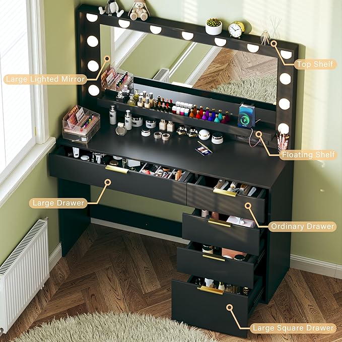 Vanity Desk with Mirror and Lights, 39.3in Makeup Vanity Desk with 5 Storage Drawers & Power Outlet, Vanity with Large Mirror, 3 Color Lights Adjustable for Bedroom, Black