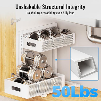 TISTAYA Full Metal Under Sink Organizer, Pull Out Cabinet Organizers and Storage, Silk-Smooth Sliding Drawer for Kitchen, Bathroom, Pantry, Cabinet, Closet (White, 2 Pack)