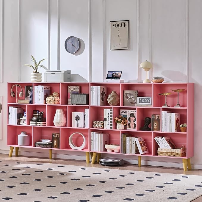 LEYAOYAO 10 Cube Bookshelf, 3 Tier Vintage 55" Wide Bookcase with Legs, Mid-Century Wood Bookshelves Storage, Light Pink Large Book Case, Freestanding Organizer Display Shelf for Living Room, Office