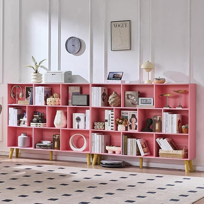 LEYAOYAO 10 Cube Bookshelf, 3 Tier Vintage 55" Wide Bookcase with Legs, Mid-Century Wood Bookshelves Storage, Light Pink Large Book Case, Freestanding Organizer Display Shelf for Living Room, Office