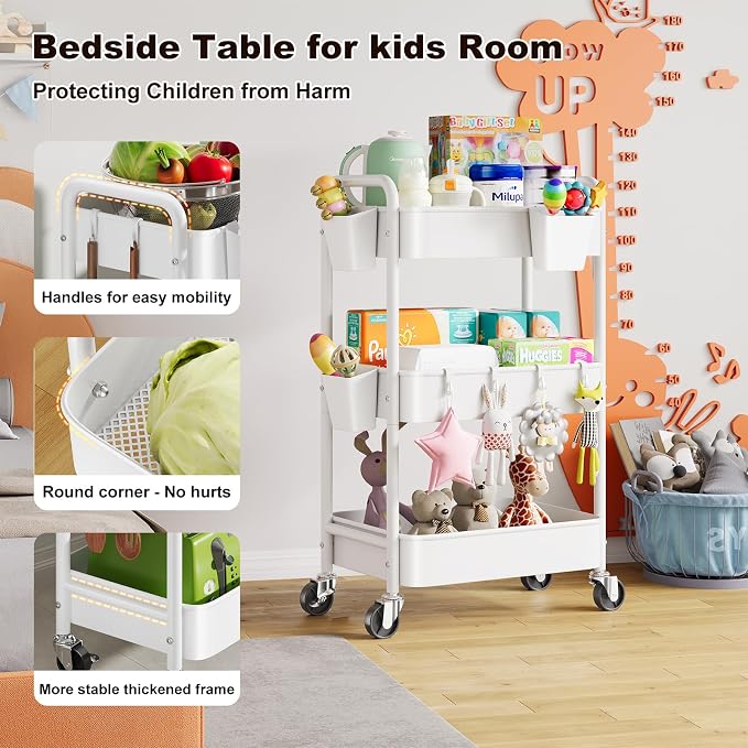 3 Tier Rolling Cart Metal with Wheels, White Three Tiered Storage Cart on Wheels, Utility Trolley Carts Organizer for Kitchen Storage, Pantry, Snack, Craft, Art, Lash, Makeup, Bathroom, Dorm Supply