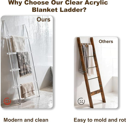MESAILUP Blanket Ladder 5.6FT for Bathroom, 4 Tier Modern Decor Waterproof Blanket Holder for Living Room and Bedroom, Easy Assembly Clear Acrylic Ladder Shelf, Leaning Quilt Rack with Anti Slip Pads