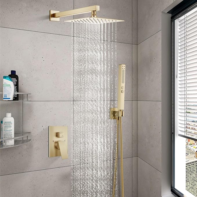 Shower Faucet Set Rainfall Shower System with Square Showerhead and Handle Set Fixture with 2 in 1 Function Handheld Sprayer Wall Mounted Trim Repair Kit Rough-in Valve 8 Inch Brushed Gold