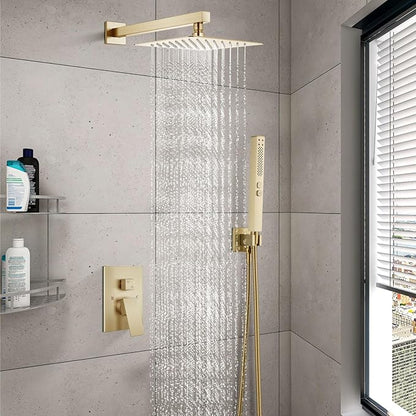 Shower Faucet Set Rainfall Shower System with Square Showerhead and Handle Set Fixture with 2 in 1 Function Handheld Sprayer Wall Mounted Trim Repair Kit Rough-in Valve 8 Inch Brushed Gold