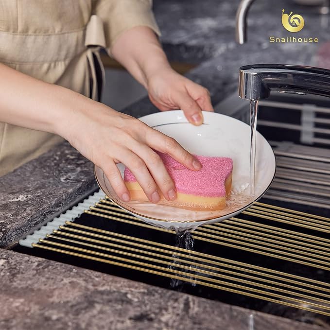Snailhouse Roll Up Dish Drying Rack, Stainless Steel Dish Drainer Over The Sink with Anti-Slip Silicone for Kitchen Counter, Gold (17.8 x 11.8 in) | Stainless Steel Dish Drainer Over the Sink with Anti-Slip Silicone