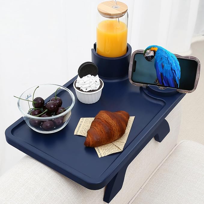 Nnewvante Couch Arm Tray,3 in 1 Large 15.36"x9.85" Bamboo Couch Table Armrest Sofa Arm Clip on Tray Table with 360°Rotated Phone/Cup Holder,Navy Blue