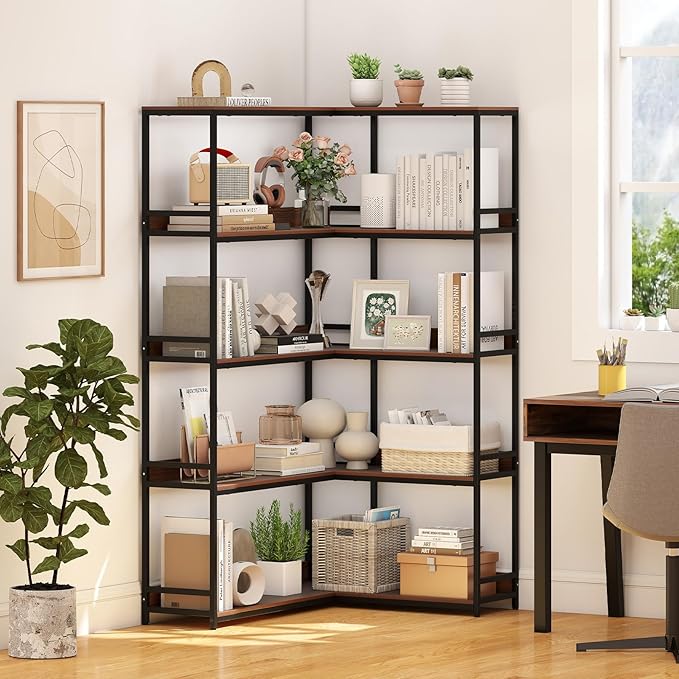Giantex 5-Tier Corner Bookshelf, 71" L-Shaped Bookcase, Tall Etagere Bookshelf with Metal Frame, Industrial Open Display Shelf, Vertical Storage Rack for Living Room, Study, Office (Walnut)