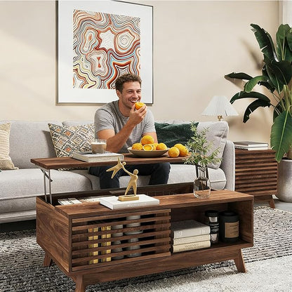 HAIOOU Lift Top Coffee Table, Mid Century Modern Coffee Table with Storage for Living Room, 35.4'' Walnut Coffee Tables with Sliding Fence Door (Brown)