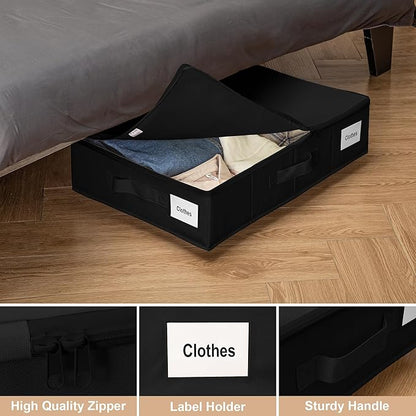 Vincona Under Bed Storage with Wheels, 2 Pack Under Bed Storage Containers with Label Holders for Clothes, Shoes and Blankets, Rolling Underbed Shoe Organizer with Cover, Black (23.6 x 15.7 x 7.28 in)