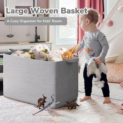 Goodpick 105L Extra Large Blanket Basket 25" x 16" x 16" Cotton Rope Storage Bins for Dirty Clothes, Rectangle Woven Laundry Basket for Living Room Bedroom, Toy Storage Baskets for Kids, Gray