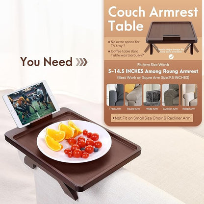 SINWANT Couch Arm Tray Table, Large Space 15.75"x 11.8" Bamboo Couch Armrest Table with 360° Rotating Phone Holder,Foldable Sofa Armrest Tray for Eating Snacks Drinks Remote Books