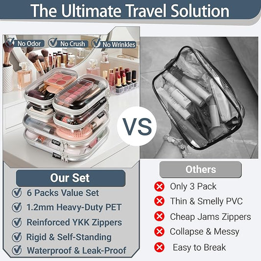 6 Pack Gray Clear Hard Shell Beauty Organizer (2M+4S), 1.2mm Heavy Duty Crush-Proof Cosmetic Case, Reinforced YKK Zippers, Stadium Approved Security Bag for Skincare & Electronics, Multi-Size Set