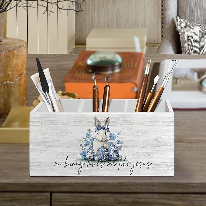 Chinoiserie Christian Easter Bunny Pen Pencil Holder Organizer for Desk Accessories, Blue and White Floral Rabbit Wooden Box Sign Desk Decor for Home Office Decoration, Easter Office Decor