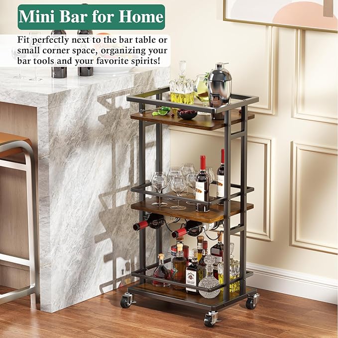 3-Tier Liquor Cabinet with Wine Rack, Mini Bar Cart for Home, Small Liquor Bar for Alcohol, Rolling Kitchen Serving Cart on Wheels, Wine Drink Cart for Party, Bar Stand for Small Space