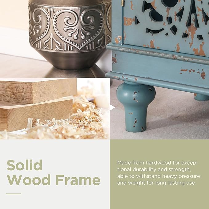Sophia & William Sideboard Buffet Credenza Cabinet, 3-Door Hollow-Carved Accent Cabinet, Distressed Sideboard Storage Cabinet with Wood Veneer for Kitchen, Living Room, Dining Room, Entryway, Blue | 3-Door, Hollow-Carved, Accent Cabinet, Distressed, St...