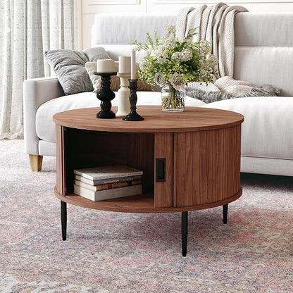 ARTPOWER 31.7" Round Coffee Table with Tambour Door, Mid Century Center Table for Living Room, Small Wood Fluted Circle Coffee Table with Storage, Walnut
