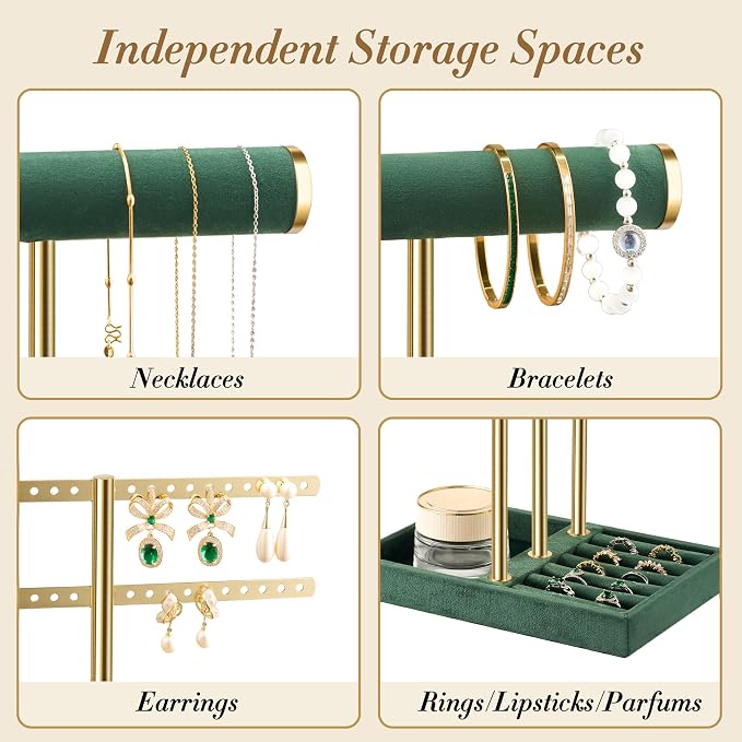 bussdis 3 Tier Bracelet Holder Display - Detachable T Bar Dark Green Velvet Bracelet Holder, Jewelry Holder Organizer for Bracelet, Necklace, Earrings, Rings