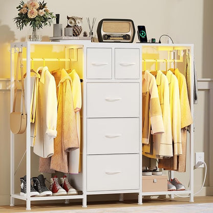 49.2“W Dresser with 2 Hanging Racks, 5 Drawers Dresser with LED Lights & Charging Station, Dressers TV Stand with Clothes Rack, Shoe Racks and Side Hooks, Chest of Drawers for Bedroom, White