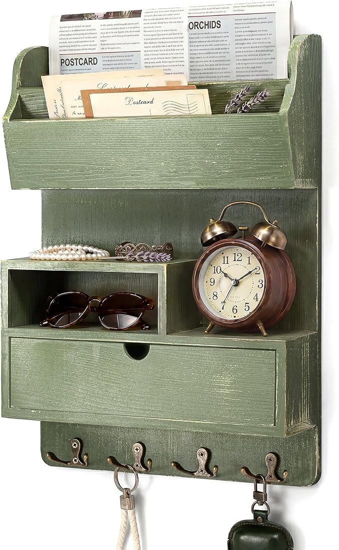 Rebee Vision Pine Wood Key Holder Wall Mount for Home Decor – Key Holder for Wall with Drawer Organizer & Mail Organizer Can Store Letters – Ideal New Home Essentials for Office Decor(Green)