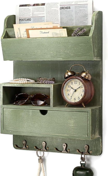 Rebee Vision Pine Wood Key Holder Wall Mount for Home Decor – Key Holder for Wall with Drawer Organizer & Mail Organizer Can Store Letters – Ideal New Home Essentials for Office Decor(Green)