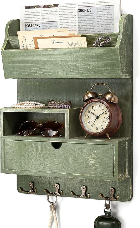 Rebee Vision Pine Wood Key Holder Wall Mount for Home Decor – Key Holder for Wall with Drawer Organizer & Mail Organizer Can Store Letters – Ideal New Home Essentials for Office Decor(Green)