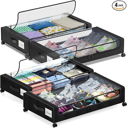 Under Bed Storage with Wheels, 4 Pack Under Bed Storage Containers with Dividers & Clear Lids, XXL 65L Under the bed storage Organizer Bins, Underbed Storage with Wheels for Clothes,Shoes,Toys - Black
