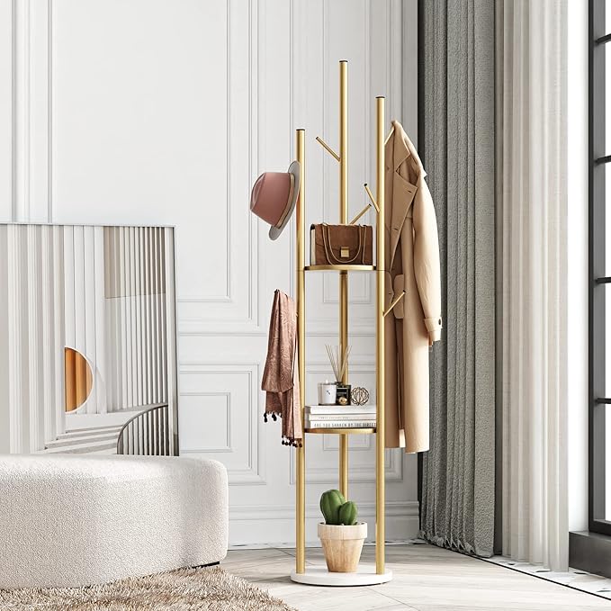 Metal Gold Coat Racks Freestanding, Coat Hanger Stand, Hall Tree Rack for Hanging Hats, Scarves, Bags, Modern Coat Rack with Double Shelves, Corner Coat Rack, 9 Hooks, Gold