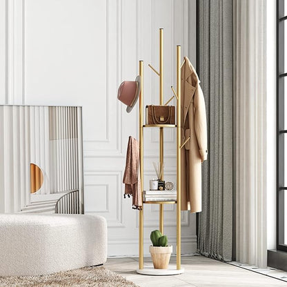 Metal Gold Coat Racks Freestanding, Coat Hanger Stand, Hall Tree Rack for Hanging Hats, Scarves, Bags, Modern Coat Rack with Double Shelves, Corner Coat Rack, 9 Hooks, Gold