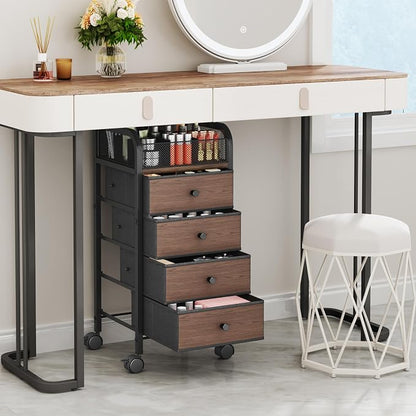 SWTYMIKI Rolling Makeup Organizer Cart - Under Desk Vanity Makeup Storage with 4 Non-woven Drawers, Nail Cart Organizer Cosmetic Display Cases Cabinet for Skin Care Perfume Nail Polish Brush Hair Tool