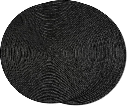 FunWheat Round Braided Placemats Set of 8 Place Mats for Dining Table Woven Washable Non-Slip Table Mats 15 Inch(Black,8pcs)